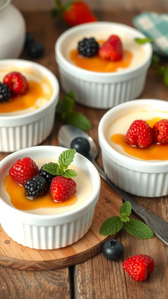 Baked yogurt dessert in ramekins topped with berries and honey on a wooden table.